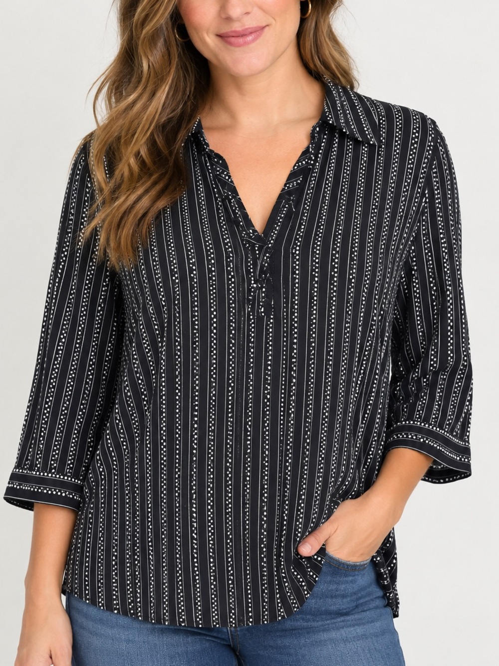 Chico’s Navy Blue & White Dot-Stripe Lace-Up Blouse Size 3 (XL) NWT